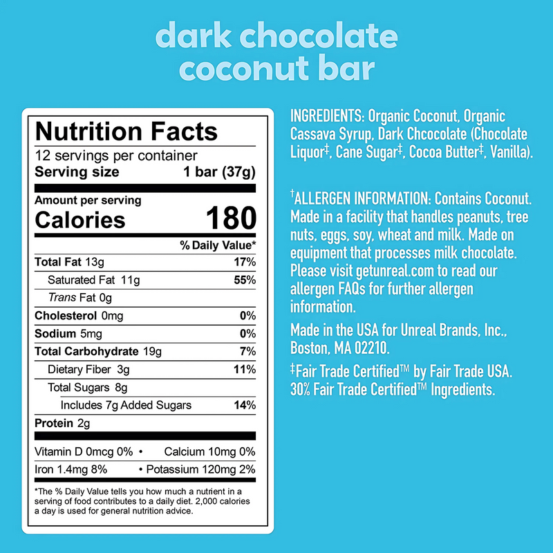 Load image into Gallery viewer, UNREAL Dark Chocolate Coconut Bar Nutrition
